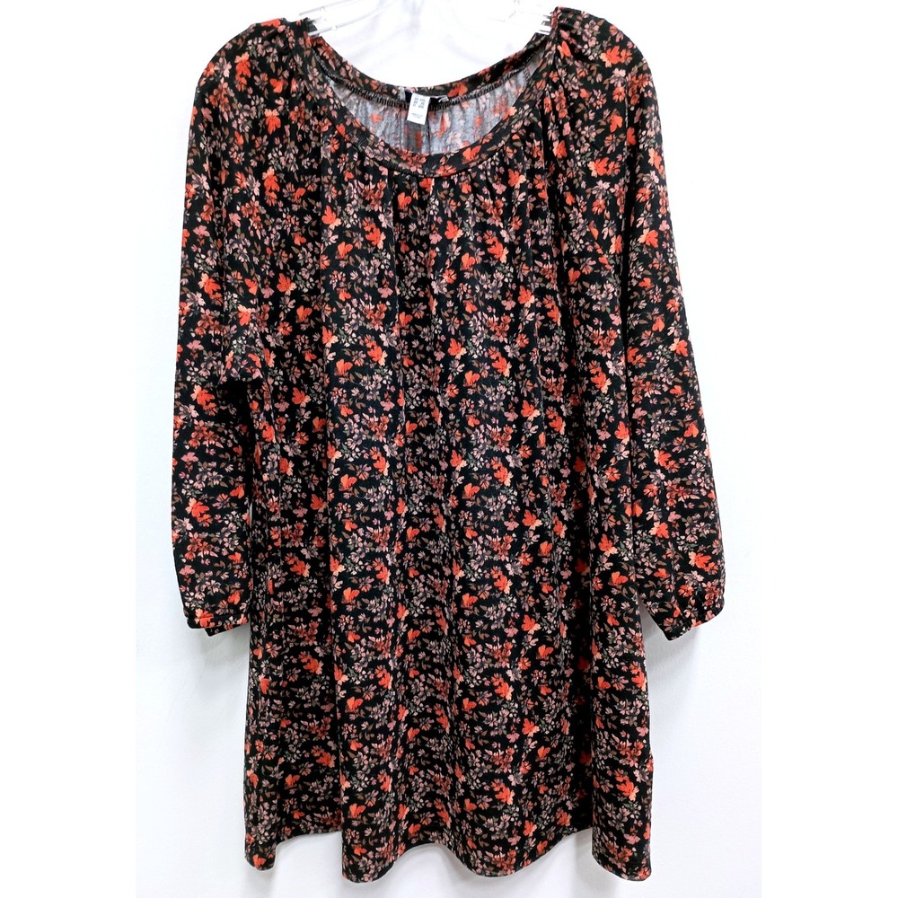 Denim & Co Floral Tunic Top Womens 1X BOHO Long Sleeve Soft Knit Casual